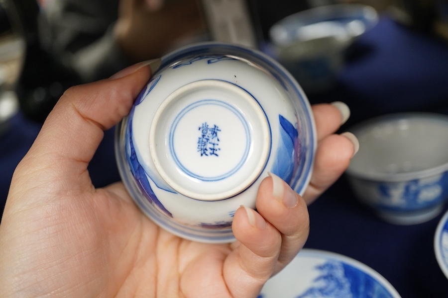 Two Chinese blue and white tea bowls and saucers, saucer 11.5cm diameter.